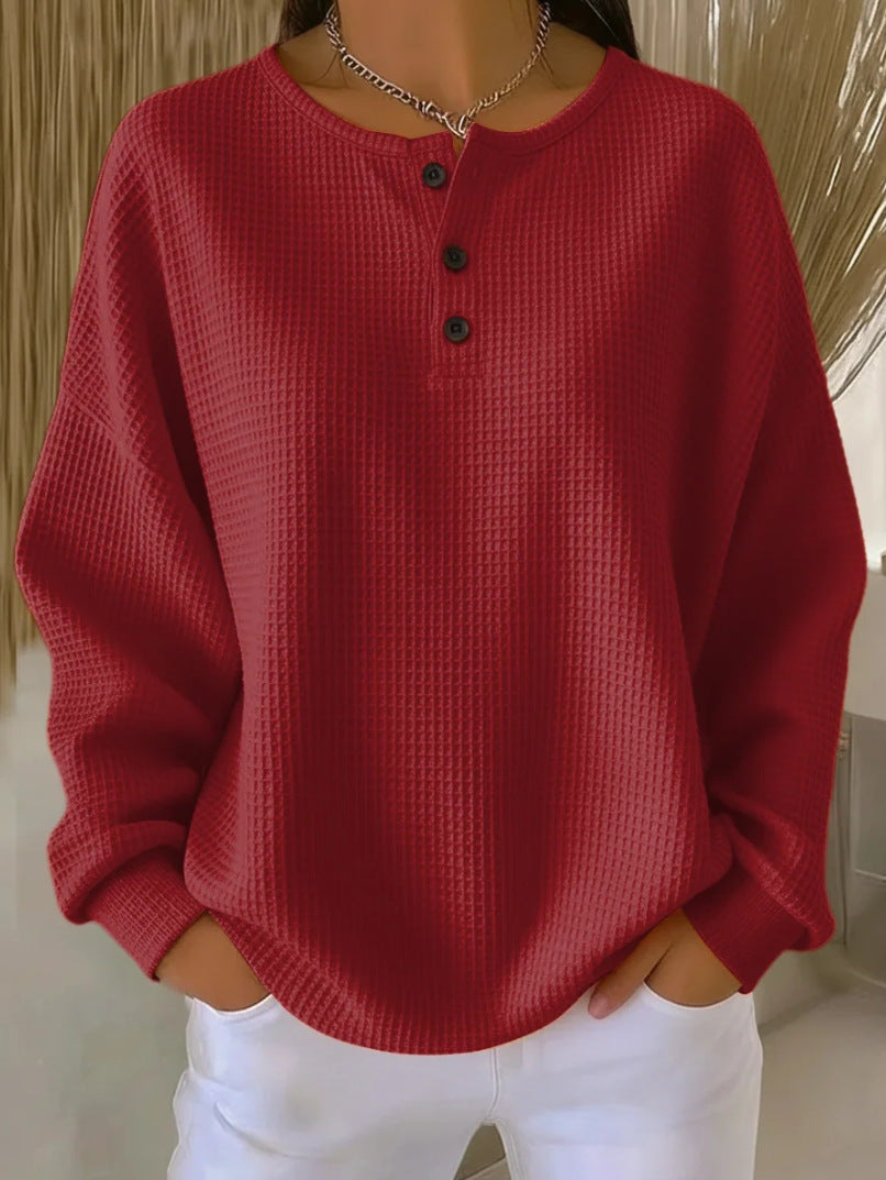 Ins Waffle Long-sleeved T-shirt Fashion Solid Color Buttons Women Gym From House Red 2XL