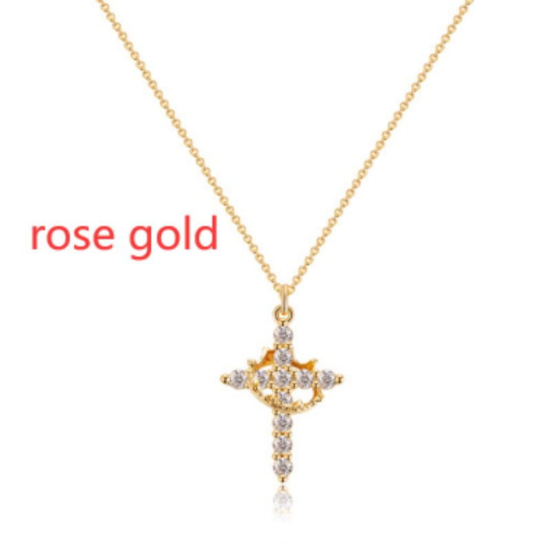 Fashion Jewelry Cross Full Diamond Crown Rotatable Necklace Jewelry dealsniper-net Rotating rose gold crown