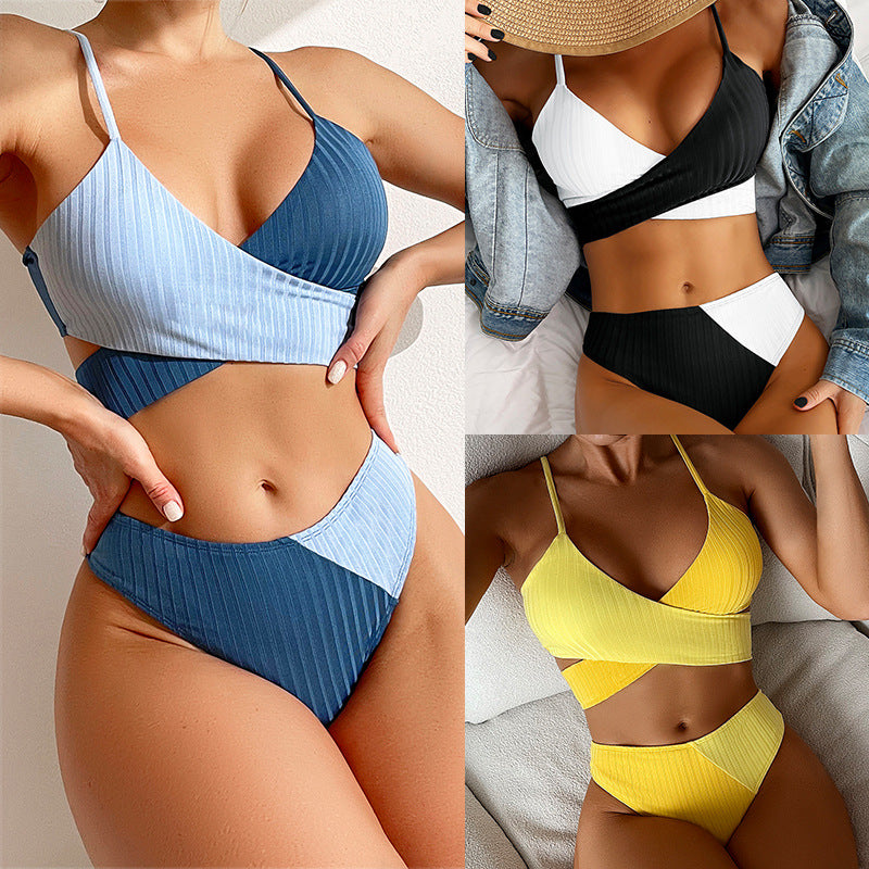 Bikini Patchwork Swimwear Ribbed Women's Swimsuit Women dealsniper-net