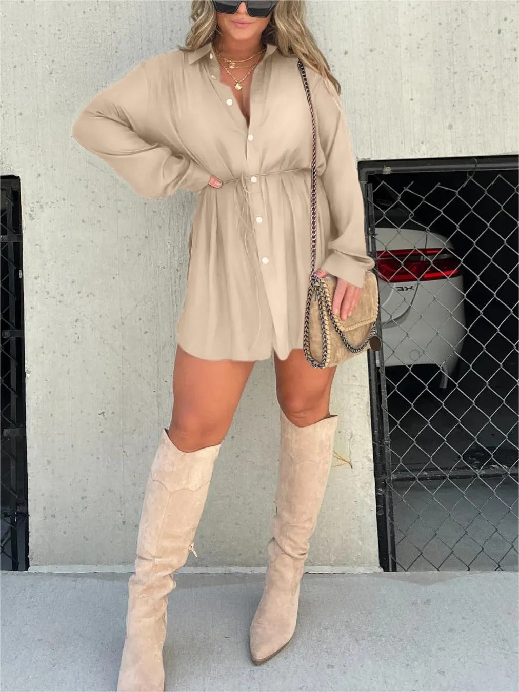 Women's Long Sleeve Jumpsuit With Button Fashion Shirt Dress Women dealsniper-net Apricot 4XL