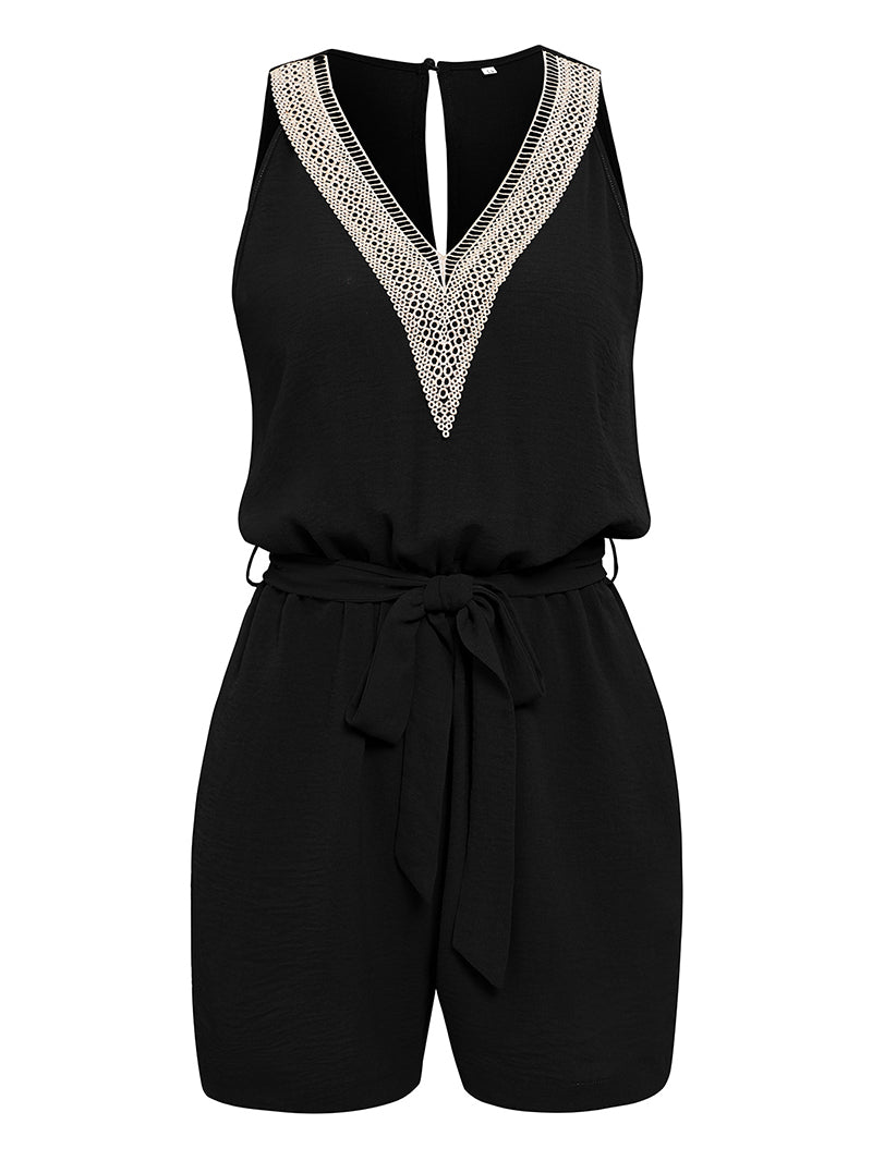 Casual Jumpsuit Lace V-neck Sleeveless Tops Tie-up Shorts Summer Beach Clothes Women dealsniper-net