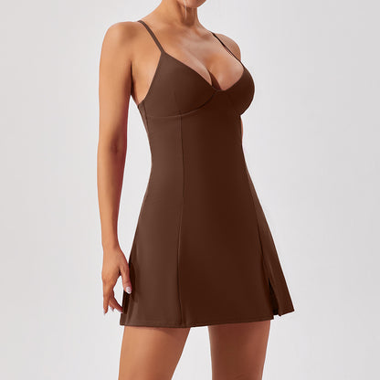 Ladies New Siamese Tennis Skirt Yoga Dress Women Gym From House Dark Brown L