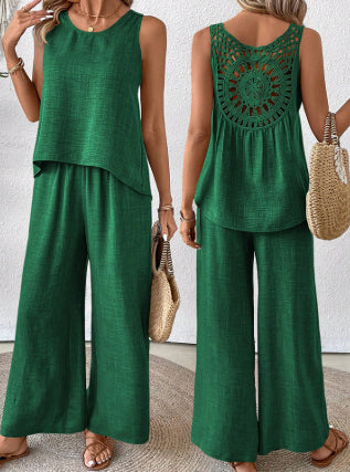 2 Pieces Set Women's Sleeveless Solid Color Back Hollow Lace Suit Women Gym From House Green L