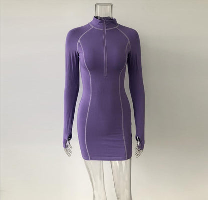 Tight stretch elastic collar zipper long sleeve dress Women dealsniper-net Purple L