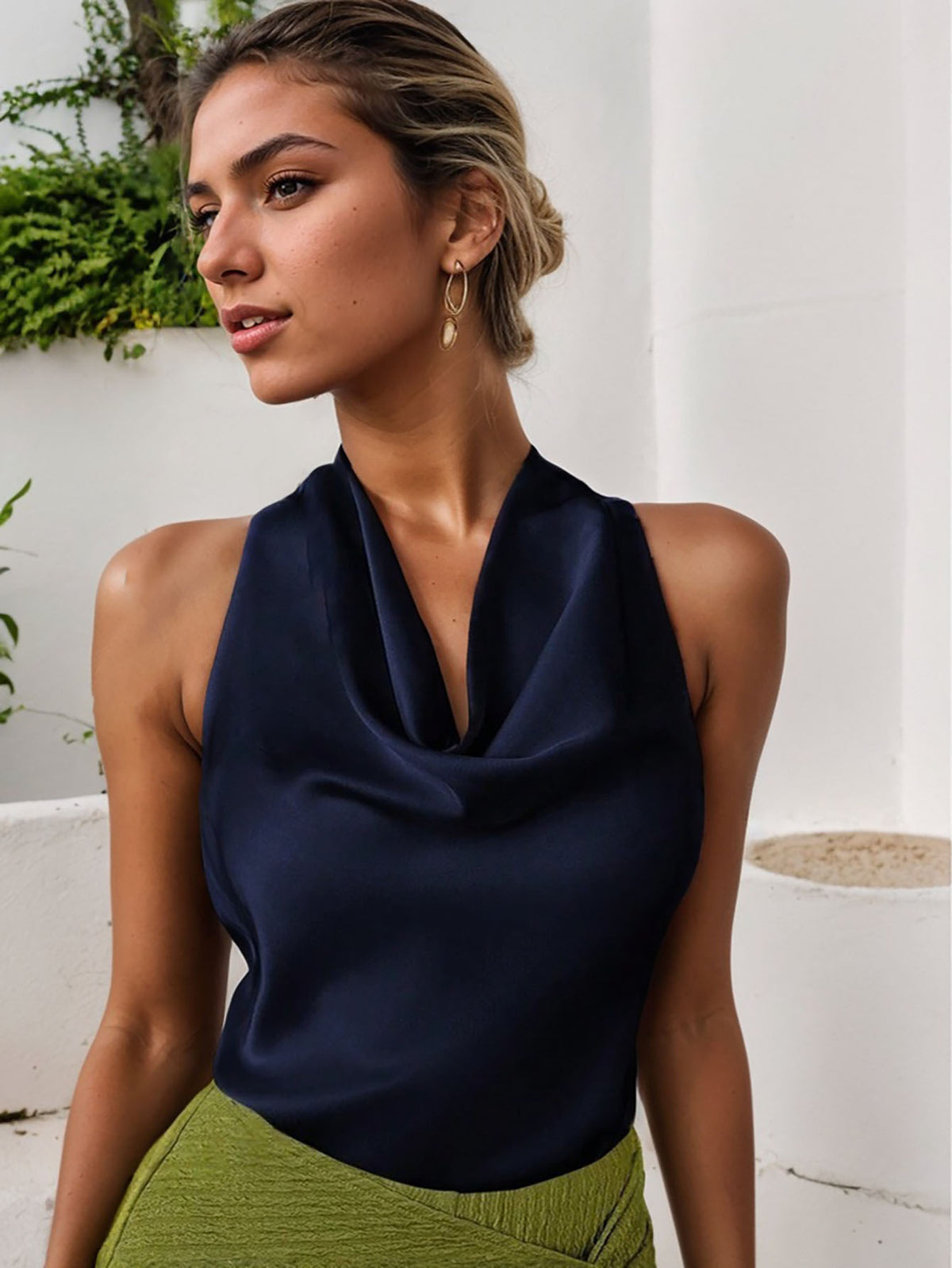 Women Solid Color Swing Collar Sleeveless Vest Trendy Women Gym From House Blue L