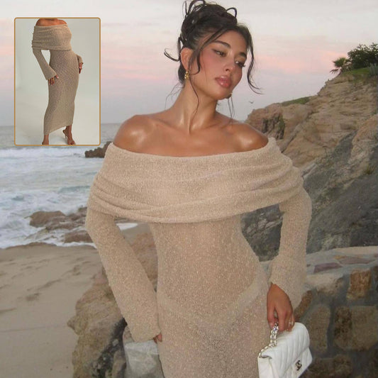 New One-shoulder Knitted Long-sleeved Dress Sexy Beach Women dealsniper-net