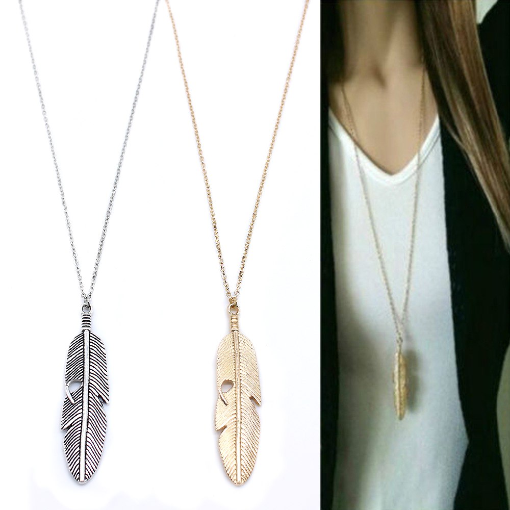 Simple feather necklace leaves long sweater chain clothing Jewelry dealsniper-net