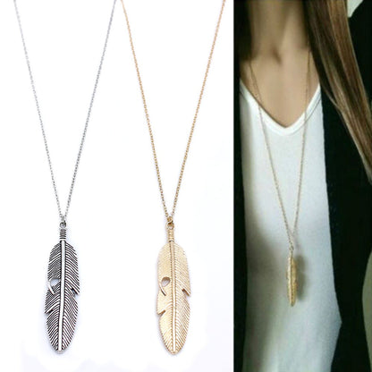 Simple feather necklace leaves long sweater chain clothing Jewelry dealsniper-net