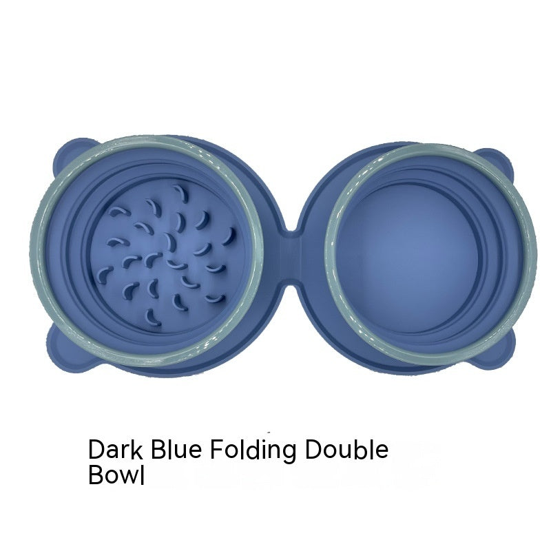Portable Silicone Double Dog Food Bowls Foldable Non-Slip Pets Gym From House Dark Blue
