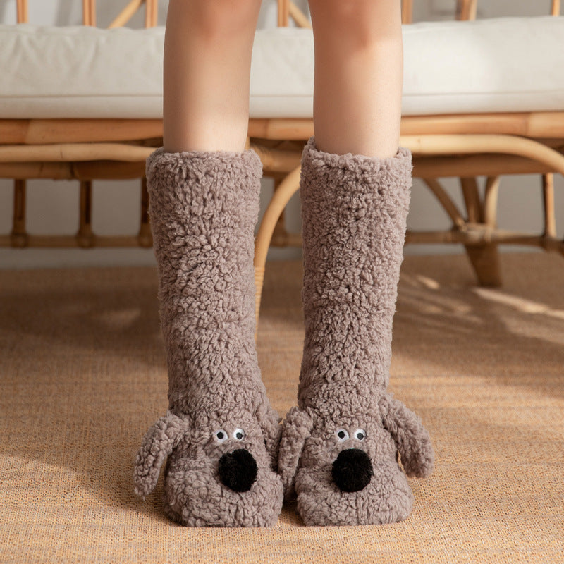 Cute Cartoon Dog Floor Socks Winter Warm Non-slip Women BeardAir.com Grey Brown Dog One size
