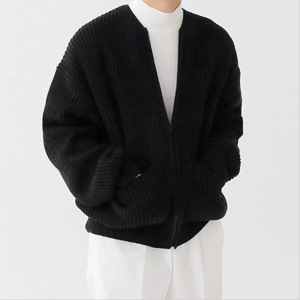 Men Zip Up Knitted Cardigan Lined Funnel Sweater Men Gym From House Black 2XL