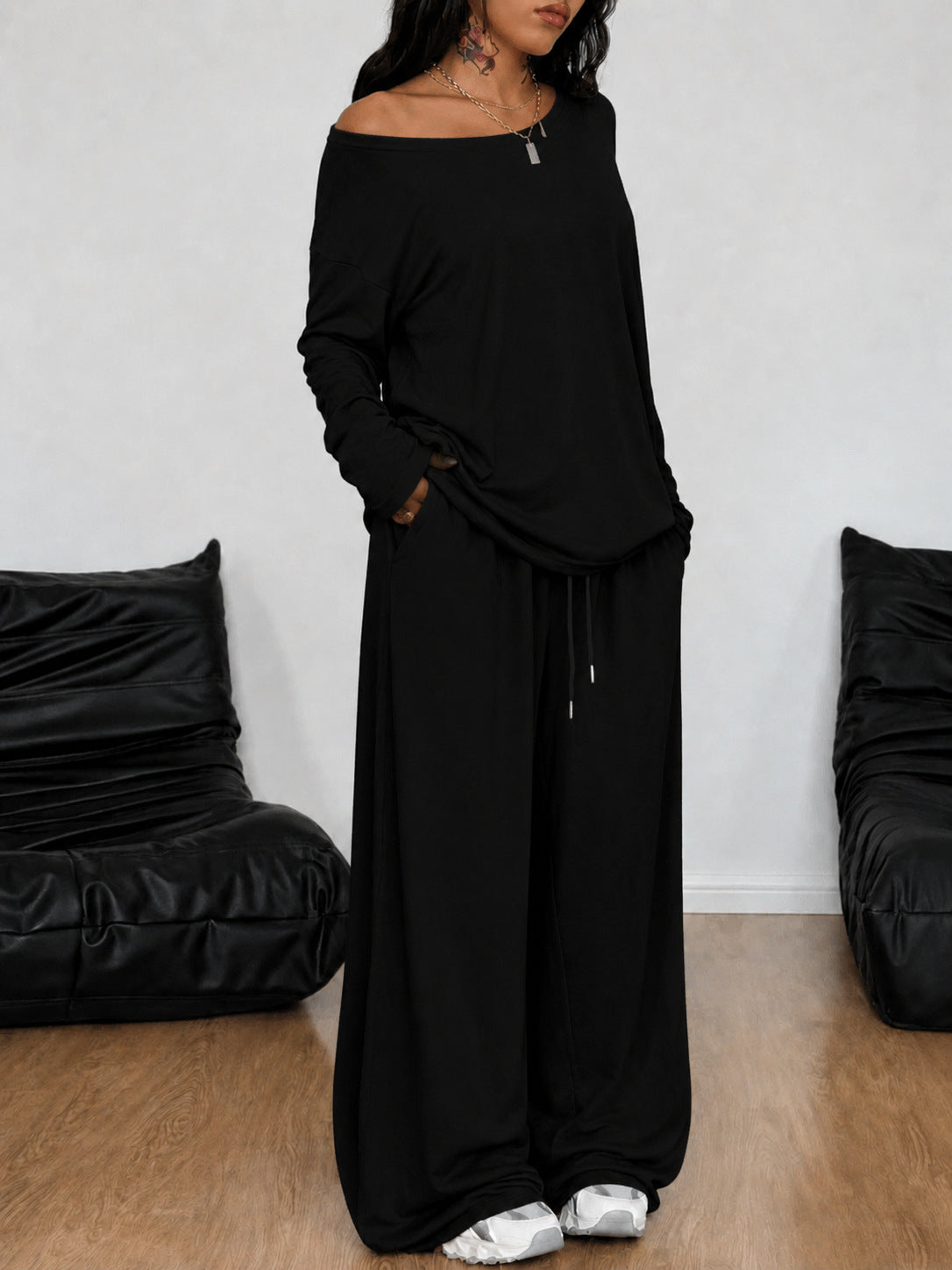 2 Pieces Set Women's Long Sleeve Solid Color T-Shirt Tees Women Gym From House Black 2XL