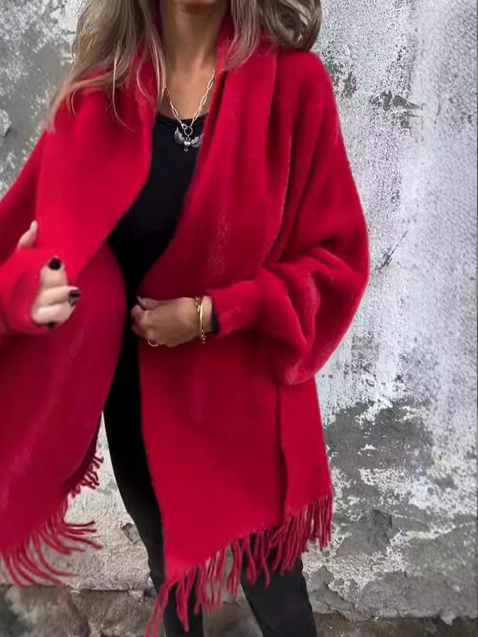 Women's Knitted Batwing Sleeve Cardigan With Tassel Design Women dealsniper-net Red 2XL