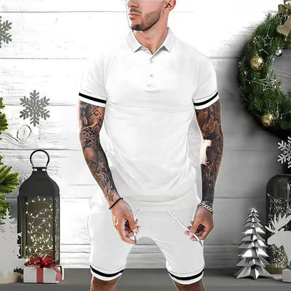 Mens Short Sets 2 Piece Outfits Polo Shirt Fashion Summer Men dealsniper-net White 2XL