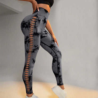 Hollow Tie Dye Printed Yoga Pants High Waist Butt Lift Women Gym From House Black Grey L