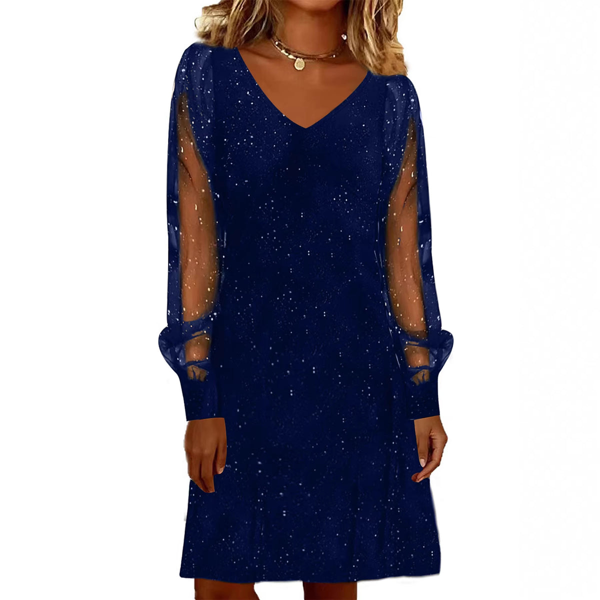Elegant Women Dress V Neck Shiny And Glowing Mesh Sleeve Women DealSniper.net
