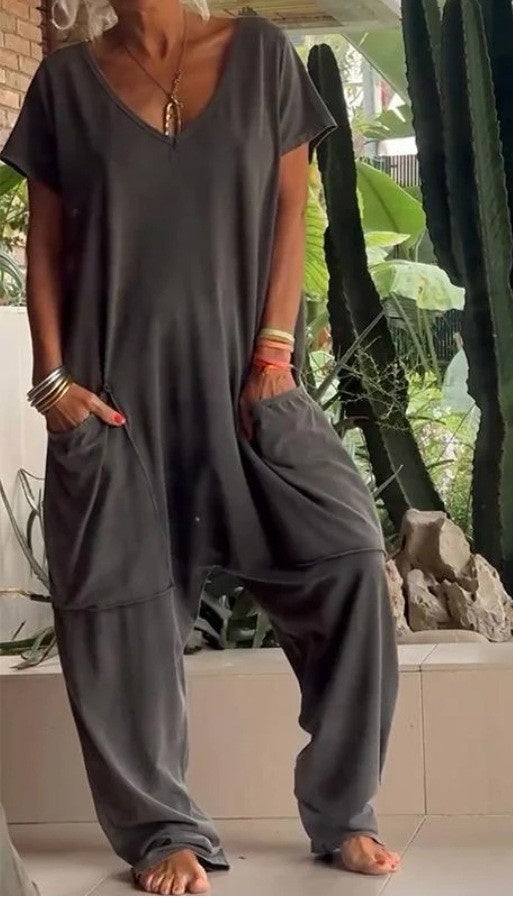V-neck Oversized Pocket Low-grade Jumpsuit Women DealSniper.net 2XL Black And Gray