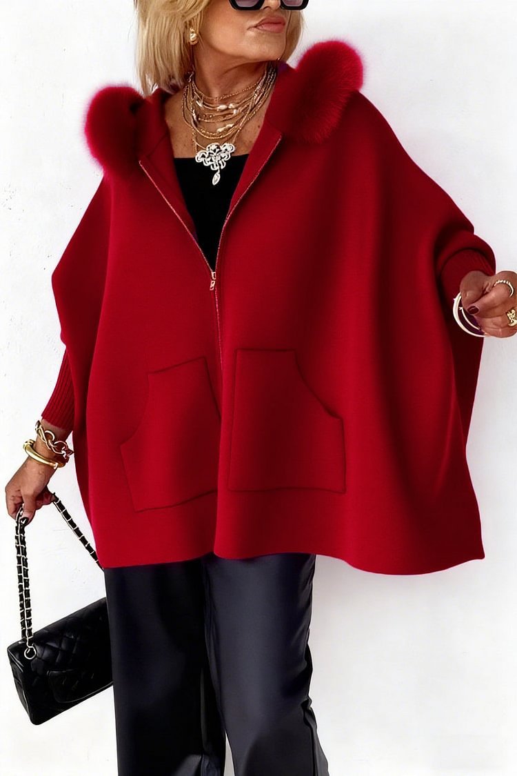 Ins Plush Hooded Cardigan Fashion Warm Pockets Zip-up Knitted Jacket Women null Red L