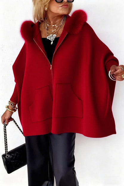 Ins Plush Hooded Cardigan Fashion Warm Pockets Zip-up Knitted Jacket Women null Red L