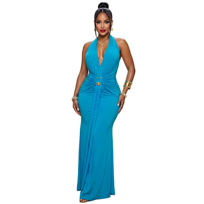 New Women's Halter Deep V Ruffled Mermaid Evening Party Dress Women Gym From House Blue L