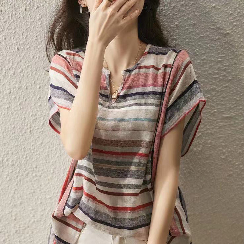 New Striped Shirt Women's Short Sleeve Loose Women dealsniper-net Picture color 2XL