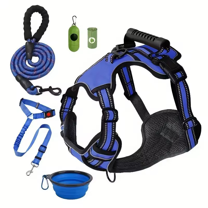 Tactical Service Dog Harness Strap Set Car Seat Belt Pets Gym From House Blue L