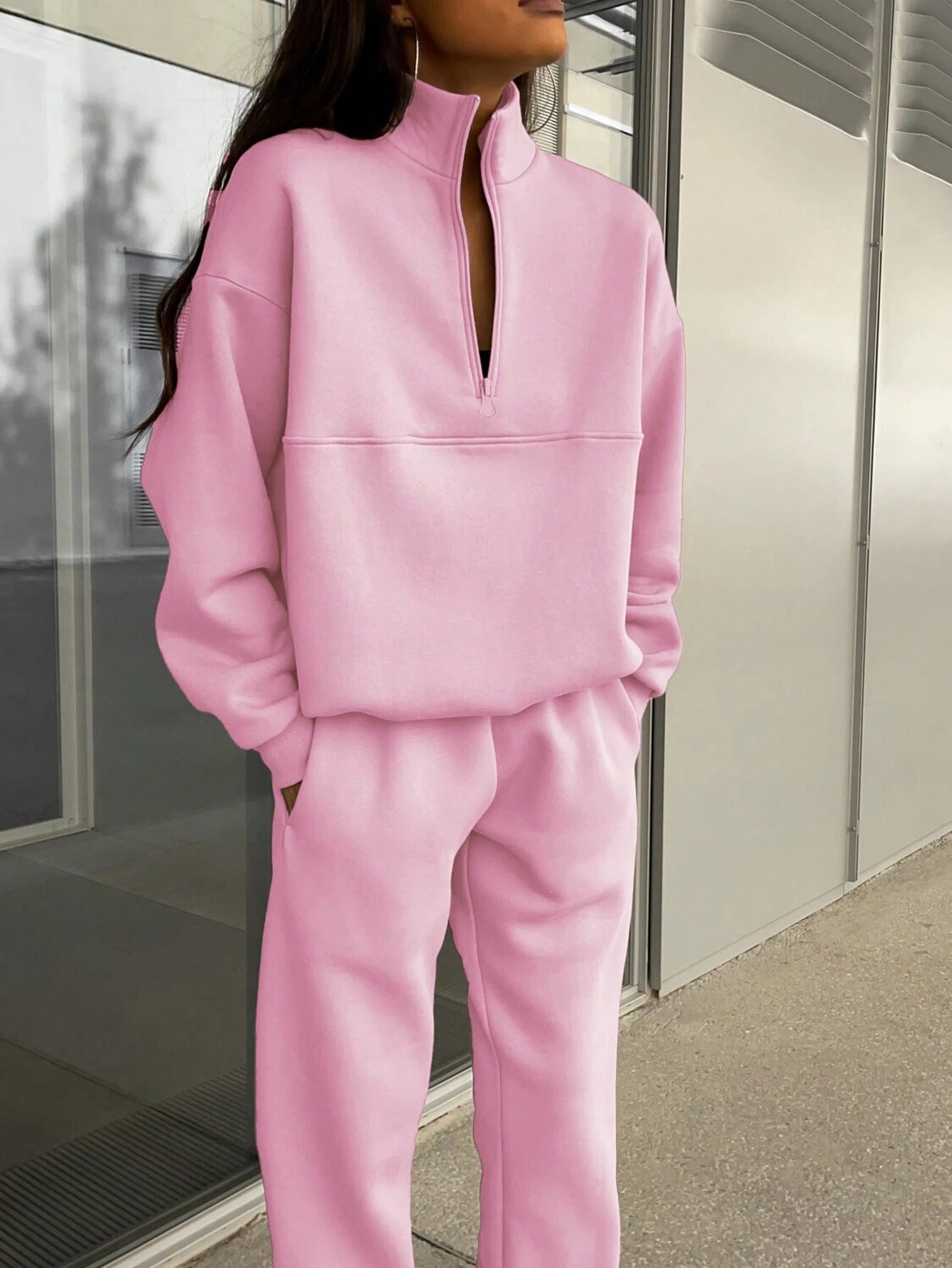 Long-sleeved Sports Sweatshirt Suit Fashion Stand-up Collar Women DealSniper.net Pink L