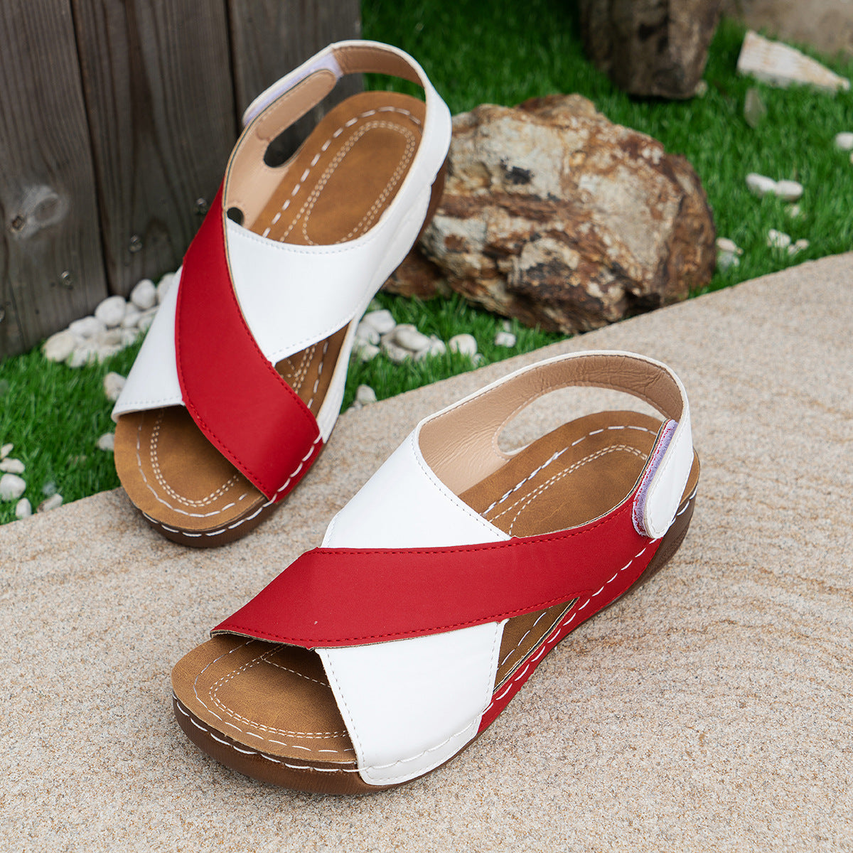 Summer Wedges Sandals With Colorblock Cross-strap Women dealsniper-net Red Size36