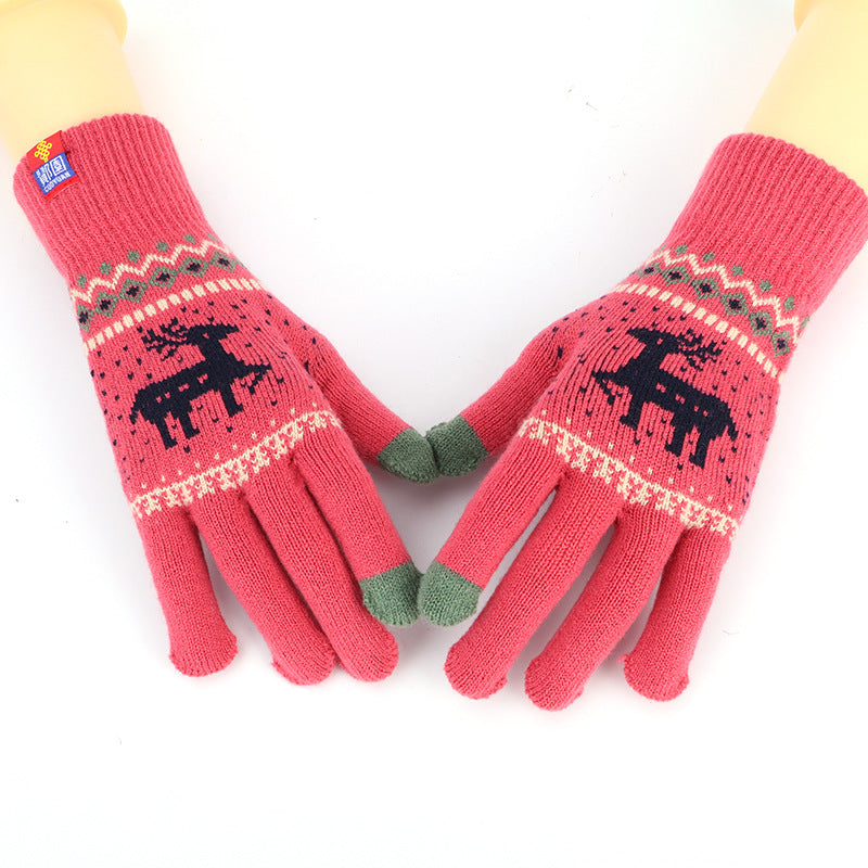 Women's Cute Animal Deer And Snowflake Knitted Gloves Full Finger