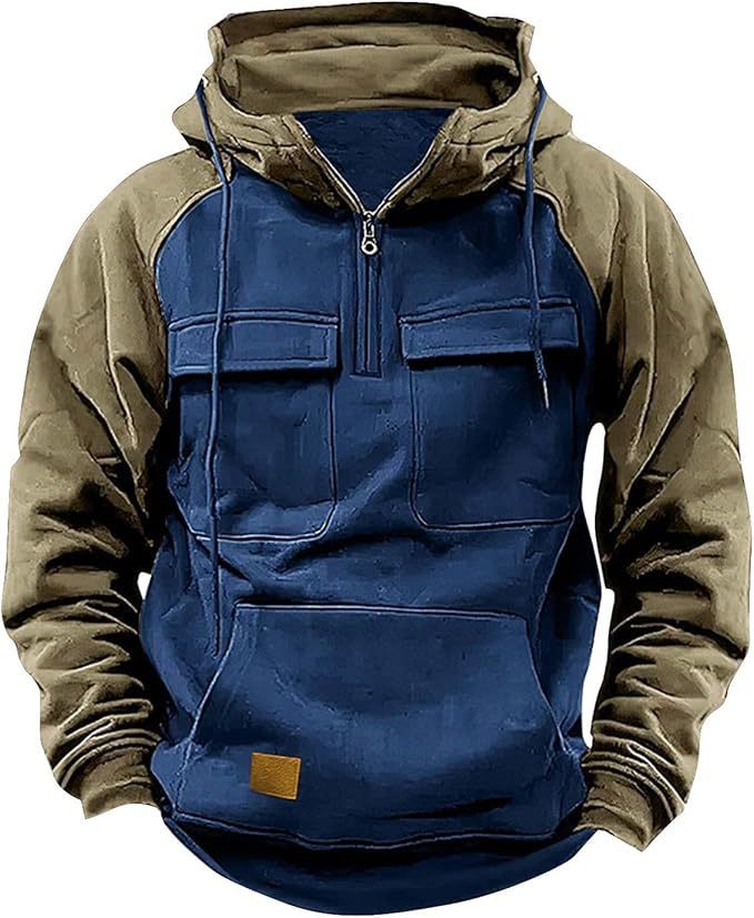 Fall Winter Retro Cargo Hoodies Men's Half Zipper Sweatshirts Men null Sapphire Blue 3XL