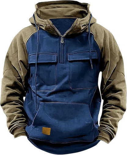 Fall Winter Retro Cargo Hoodies Men's Half Zipper Sweatshirts Men null Sapphire Blue 3XL