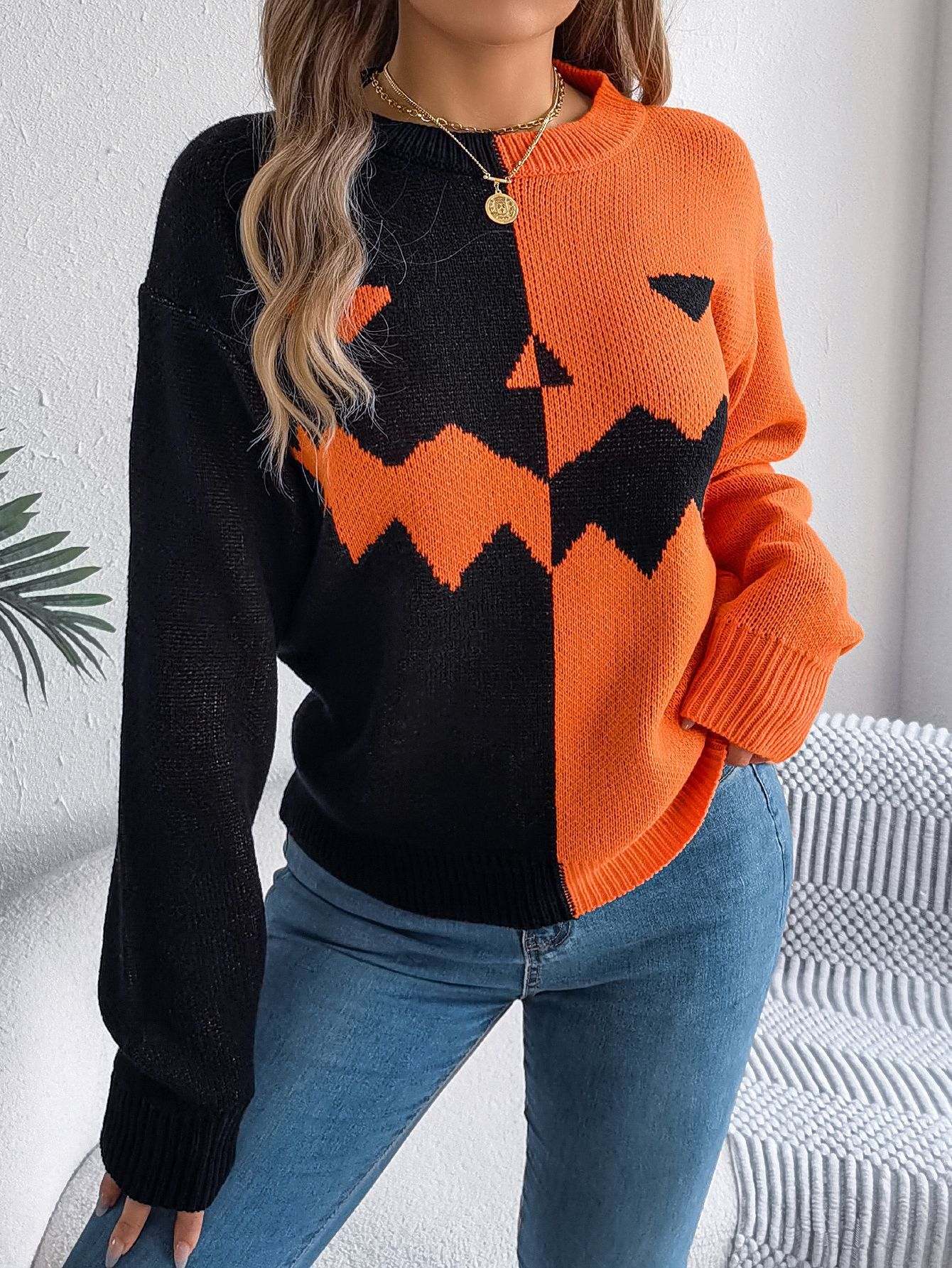 Halloween Contrast-color Pullover Sweater Fashion Long Sleeve Women dealsniper-net