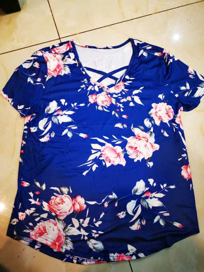 Flower Print Cross Front Short Back Long T-shirt Women dealsniper-net Dark Blue 2XL