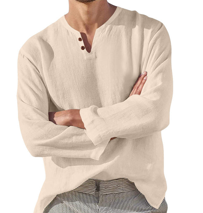 Cotton Linen Men's Long Sleeve V-neck Casual Beach Linen Men DealSniper.net Apricot 5XL