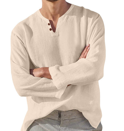 Cotton Linen Men's Long Sleeve V-neck Casual Beach Linen Men DealSniper.net Apricot 5XL