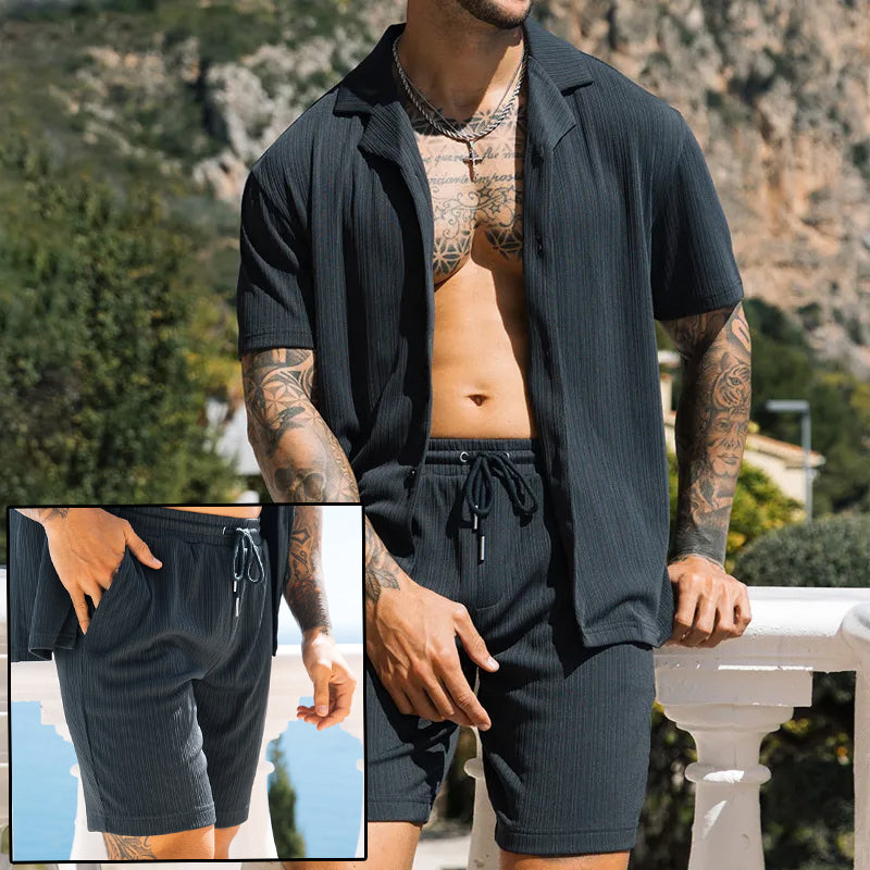 Men's Two Piece Set Short Sleeve Lapel Button Shirts And Shorts Beach Men DealSniper.net