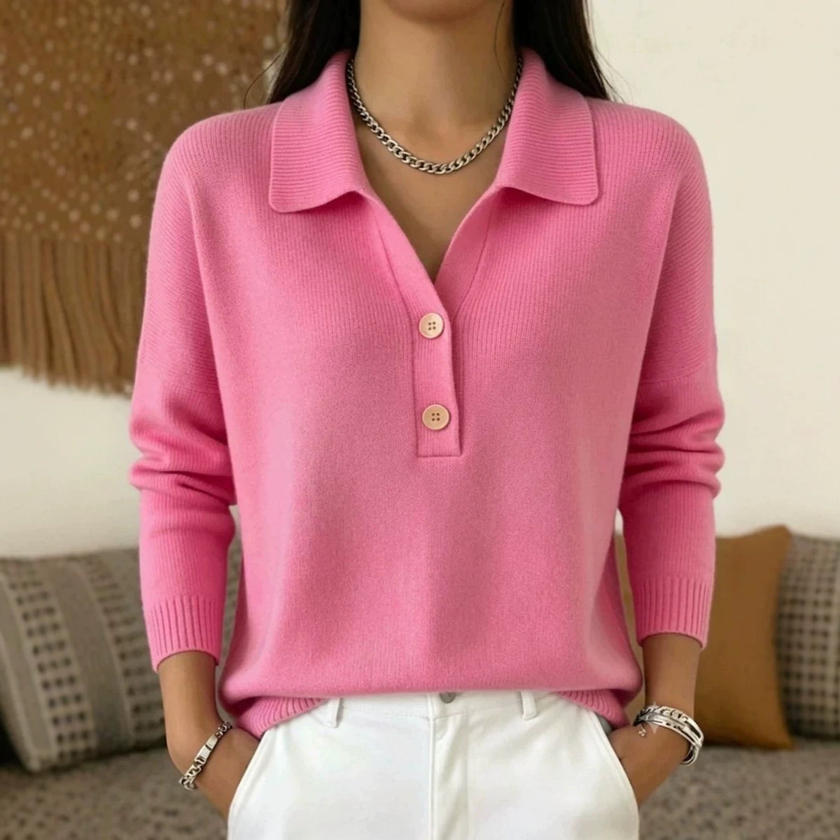 Women 's Polo Collar Knit Sweater Half Button V Neck Solid Color Women Gym From House