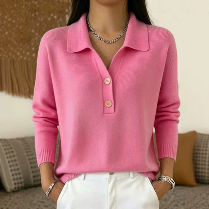 Women 's Polo Collar Knit Sweater Half Button V Neck Solid Color Women Gym From House