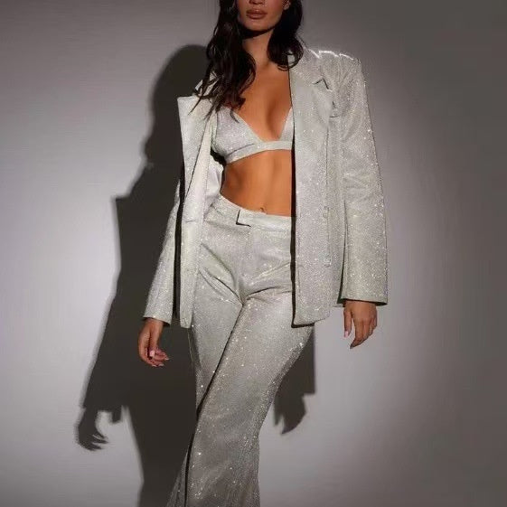 3pcs Shiny Long-sleeved Suit With Bra Lapel Blazer Women DealSniper.net Grey L