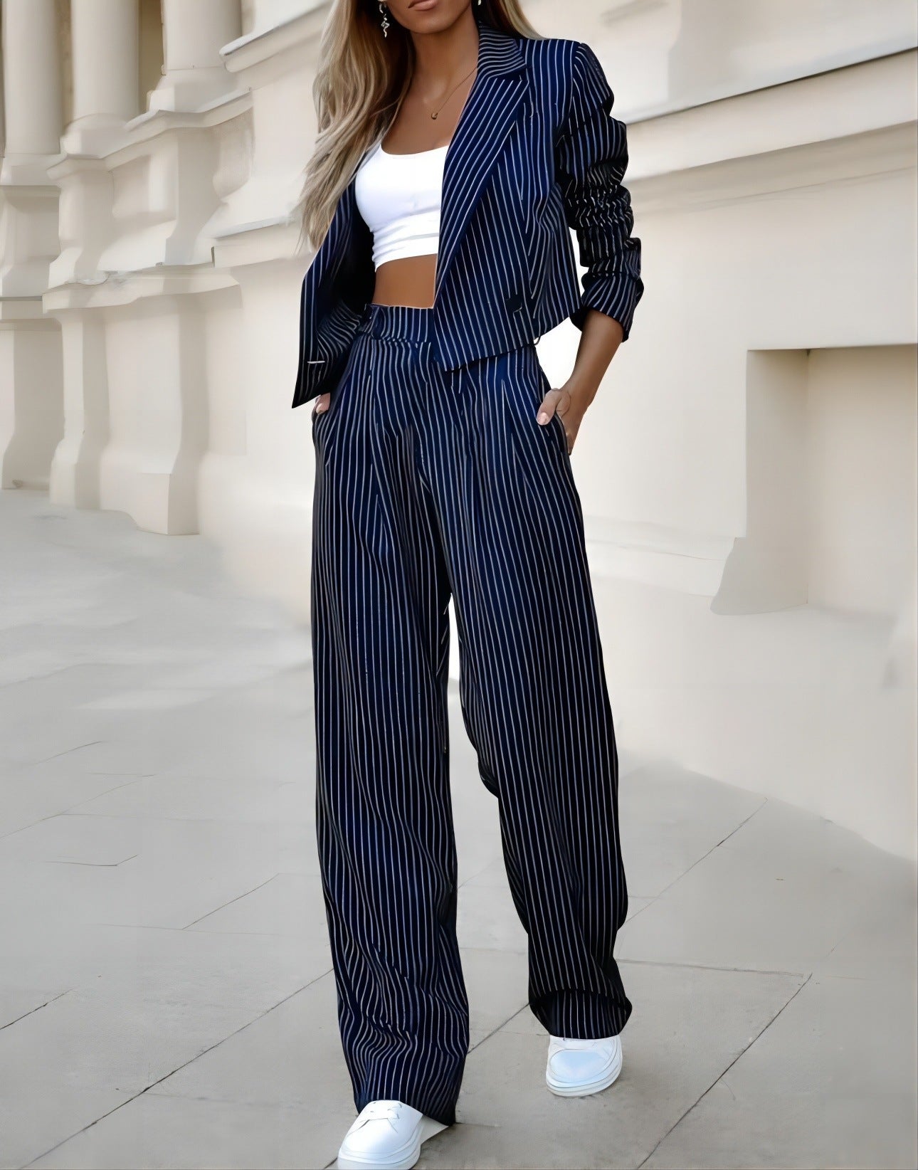 Casual Lapel Long Sleeve Cropped Top And Straight Pants