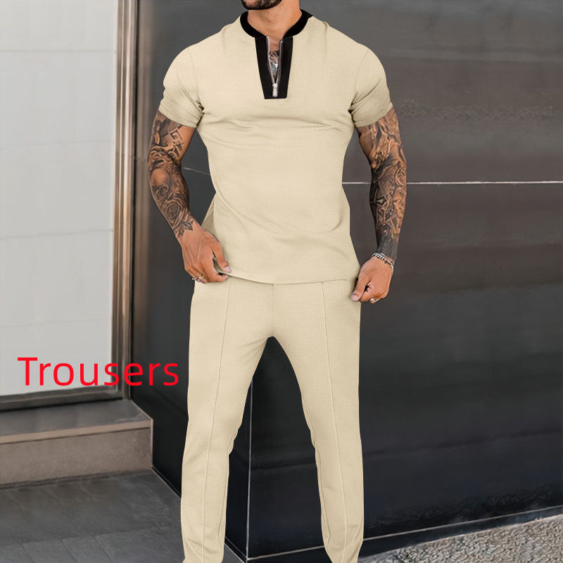 Men's Fashion Waffle Short Sleeve Stitching Stand Collar Suit