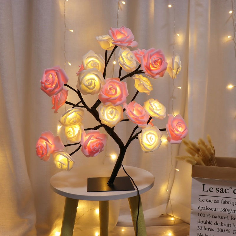 Bedroom Room Rose Tree Lamp Decoration Home Decor Gym From House Pink White Rose 24lights on black USB