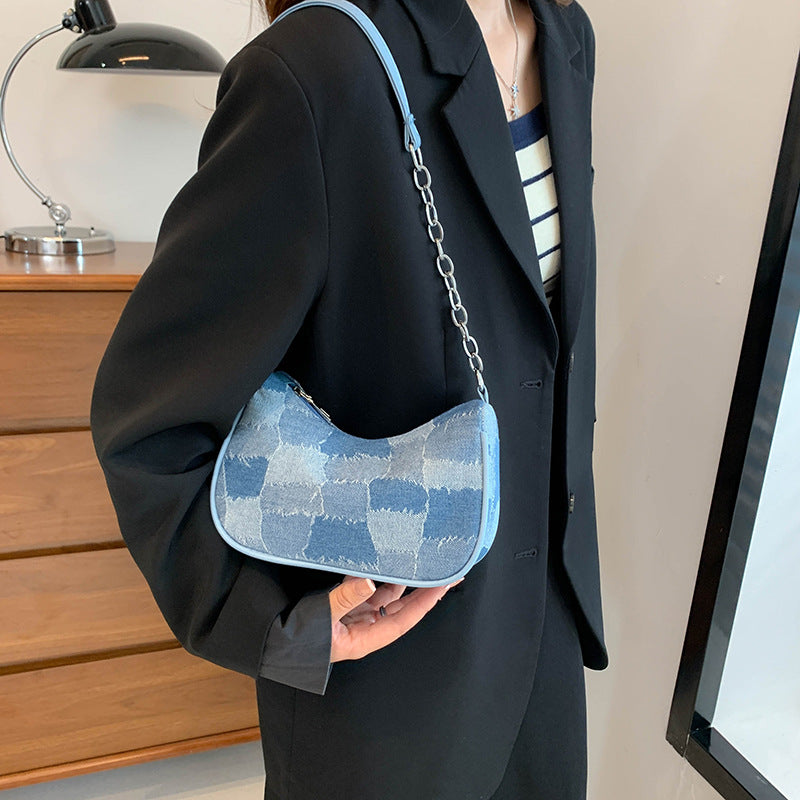 Denim Shoulder Bag Simple Plaid Patchwork Bag Women DealSniper.net