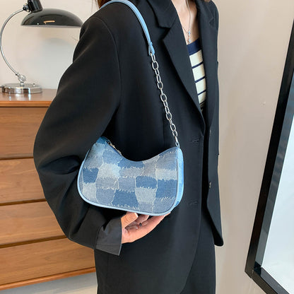 Denim Shoulder Bag Simple Plaid Patchwork Bag Women DealSniper.net