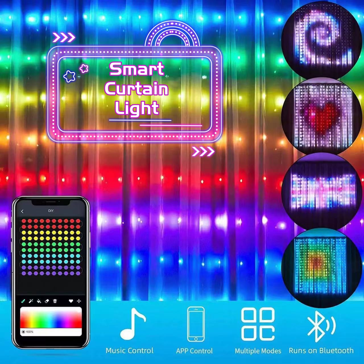 Smart LED RGB Curtain String Lights Bluetooth