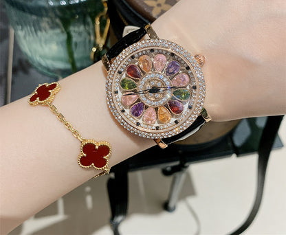 Women's Niche Diamond Luxury Rainbow Watch Jewelry DealSniper.net Colored diamond black leather