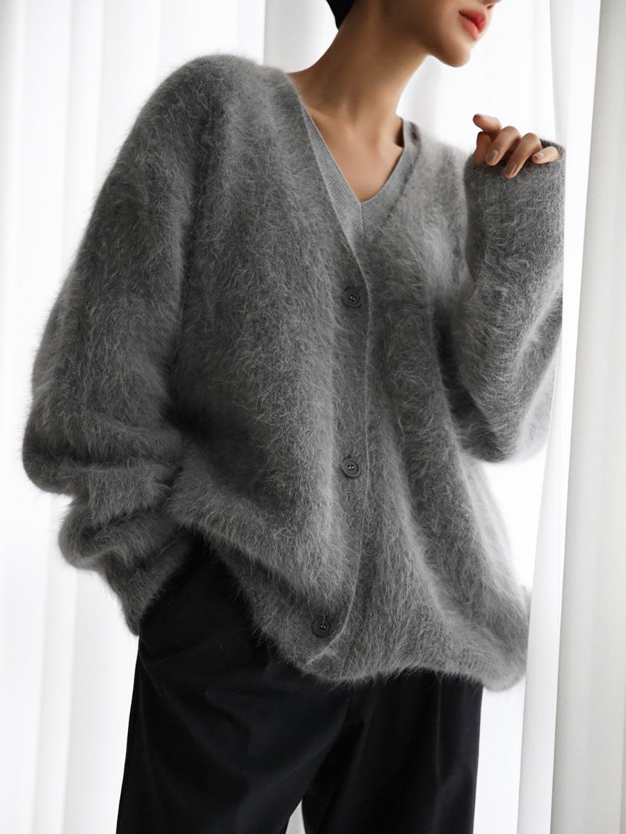 Loose V-neck Button Cardigan Fall Winter Fashion Clothing Women DealSniper.net Dark Gray L