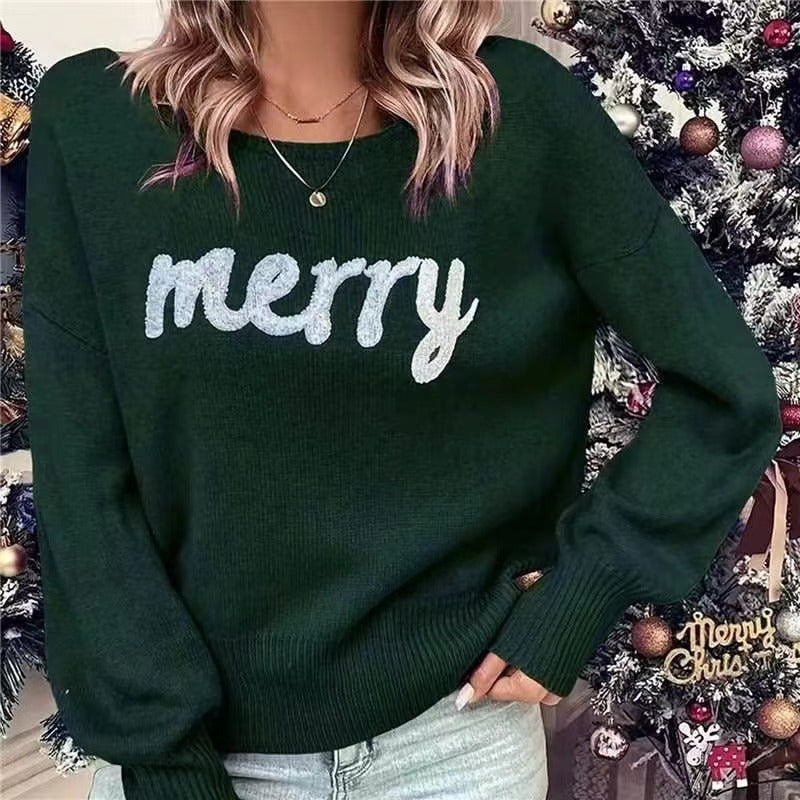 Knitted Women Crew Neck Sweater Loose Pullover Female Jumper Women Gym From House Dark Green L