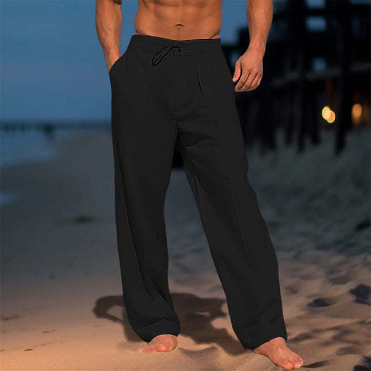 Casual Wide-Leg Straight Pants With Pockets Fashion Drawstring Men DealSniper.net Black L