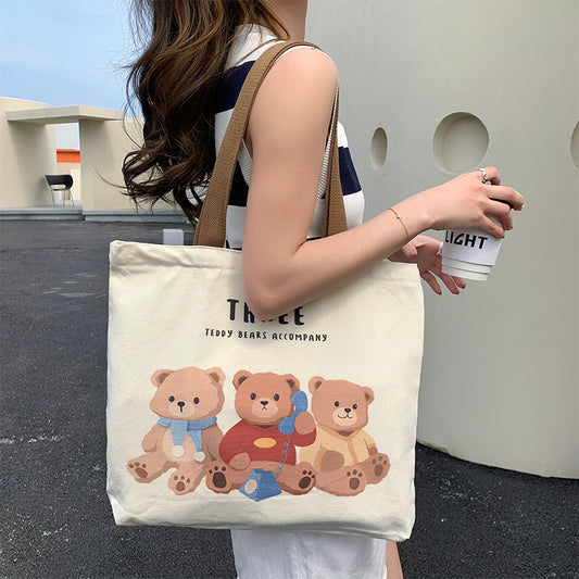 Cute Bear Printed Canvas Bag Women All-match Shoulder Bags Student Large Capacity Daily Handbags